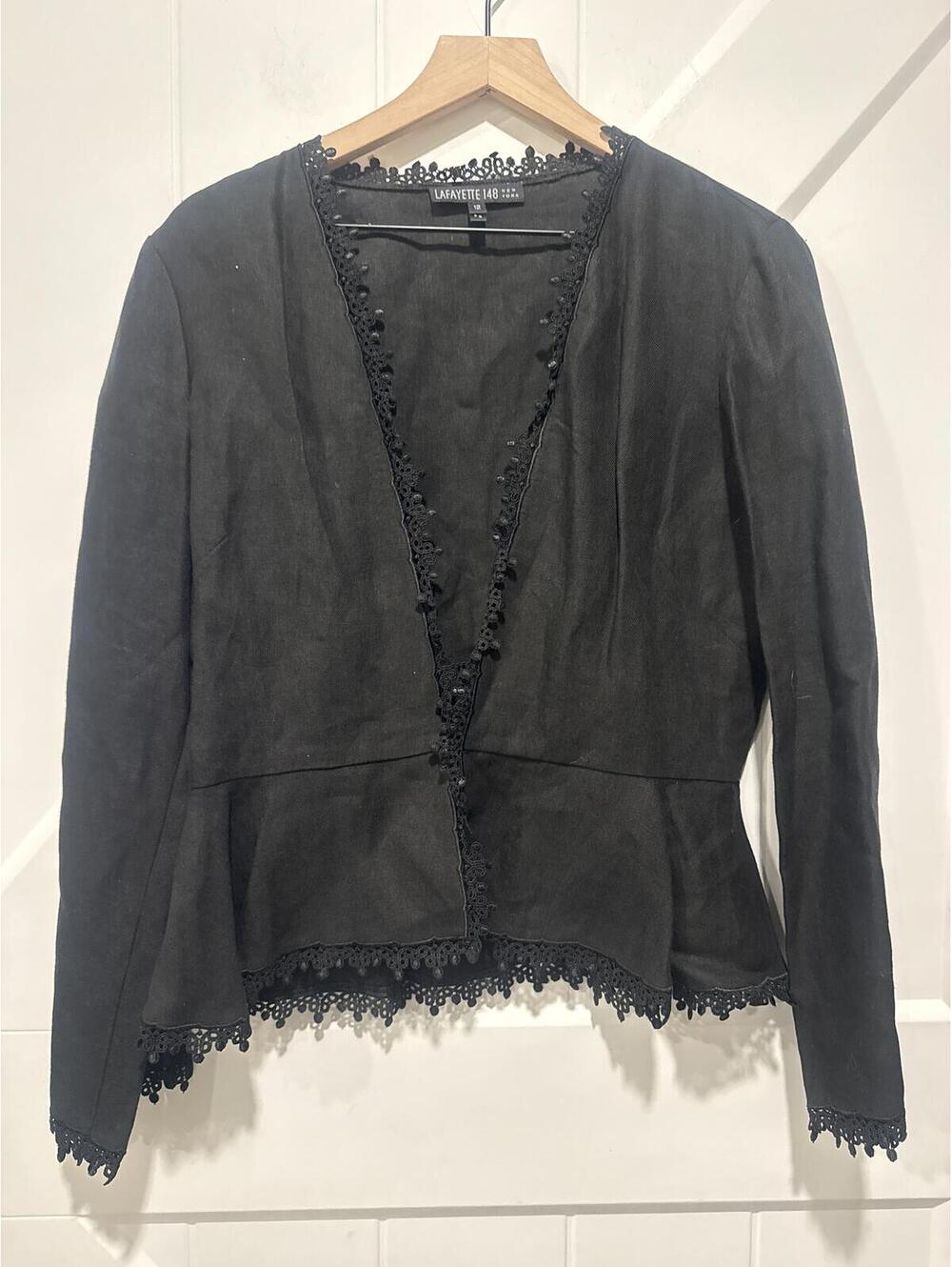 Lafayette 148 New York 100% Linen Black Crochet Trim Peplum Hem Jacket, Size 12